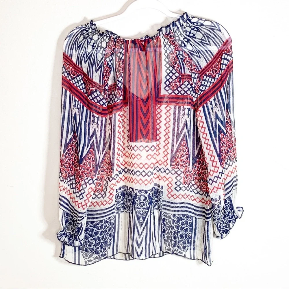 Lucky Brand Red Blue Printed Boho Bohemian Peasant Top Blouse Sheer Tunic Shirt‎